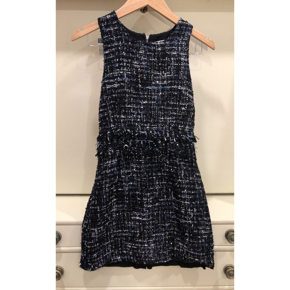 Julie Brown Blue Metallic Tweed Fringe Mini Dress Size 0 $120